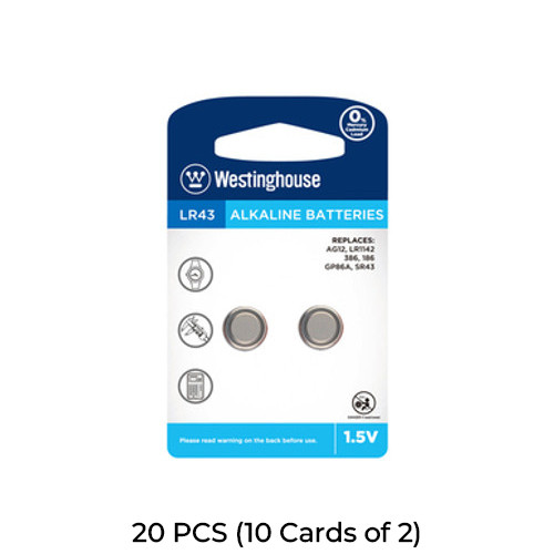 20-Pack LR43 / AG12 Westinghouse Alkaline Button Batteries (10 Cards of 2)