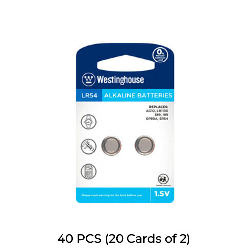 40-Pack LR54 / AG10 Westinghouse Alkaline Button Batteries (20 Cards of 2)