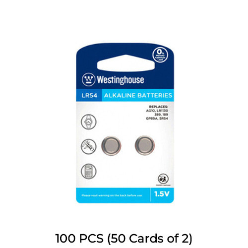 Westinghouse LR54 AG10 alkaline button batteries 100-pack on card