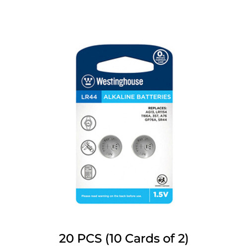 20-Pack LR44 / AG13 Westinghouse Alkaline Button Batteries (10 Cards of 2)
