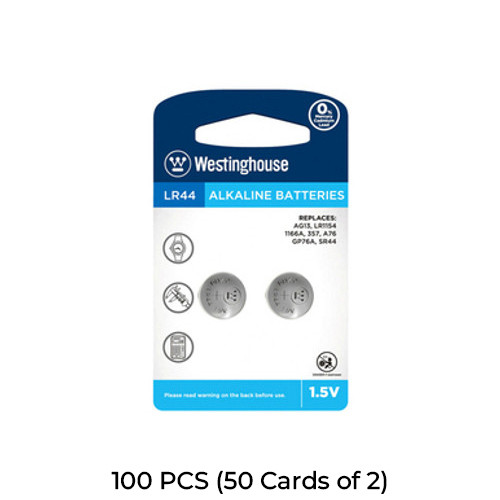 100-Pack LR44 / AG13 Westinghouse Alkaline Button Batteries (50 Cards of 2)