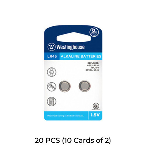Westinghouse LR45 AG9 alkaline button batteries, 20-pack on cards