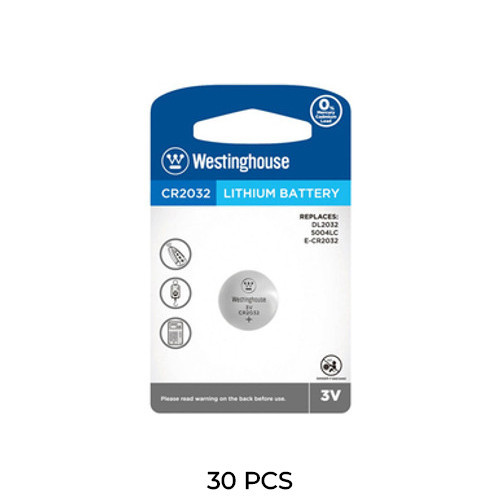 Westinghouse CR2032 30-pack lithium coin cell batteries on card