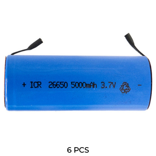 6-Pack 3.7 Volt 26650 Li-Ion Batteries with Tabs (5000 mAh)
