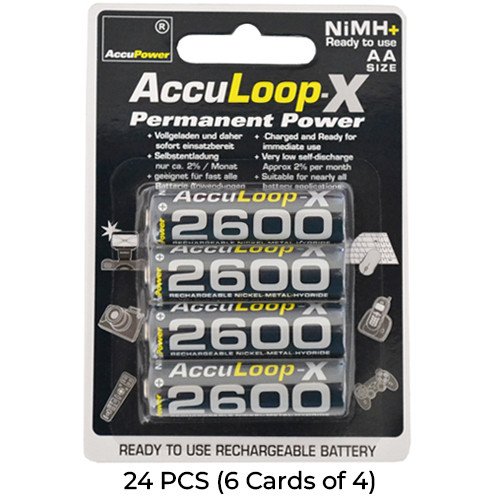 24-Pack AA NiMH AccuPower AccuLoop-X 2600 mAh Rechargeable Batteries (6 Cards of 4)