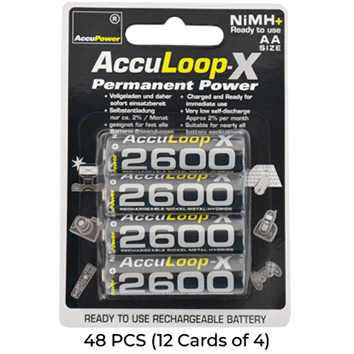 48-Pack AA NiMH AccuPower AccuLoop-X 2600 mAh Rechargeable Batteries (12 Cards of 4)