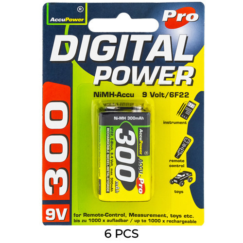 AccuPower 6-pack 9 Volt rechargeable NiMH batteries, 300 mAh