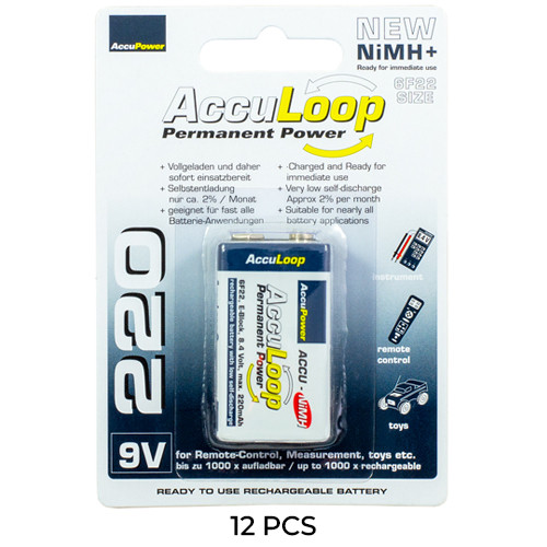 12-Pack 9 Volt AccuLoop NiMH Batteries (220 mAh)