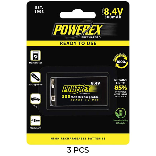 3-Pack 9 Volt Powerex NiMH Rechargeable Batteries (300mAh)