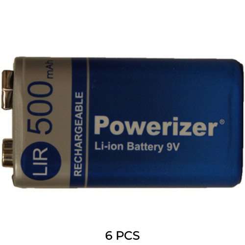 Powerizer 6-pack 9 Volt lithium ion rechargeable batteries, 500 mAh