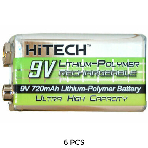 6-Pack HiTech 9 Volt Lithium Polymer Batteries (720 mAh)