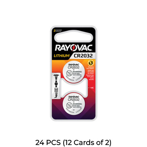 24-pack Rayovac CR2032 3 volt lithium coin cell batteries in 12 two-pack cards