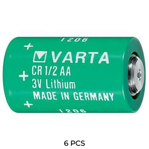 Six Varta CR1/2 AA 3V lithium batteries arranged in a row