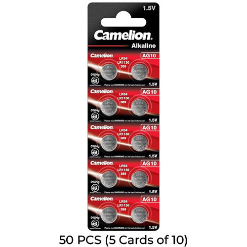Camelion 50-pack AG10 LR54 alkaline button batteries on display