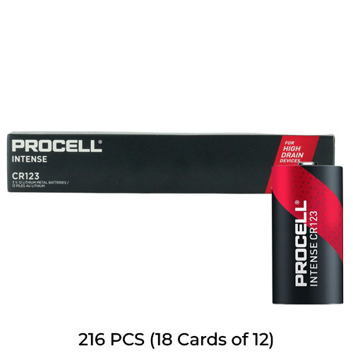 216-pack Duracell Procell Intense CR123 lithium batteries in 18 boxes