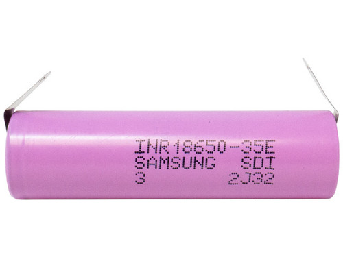 Side view of Samsung 18650 Li-Ion battery showing spot welded tabs