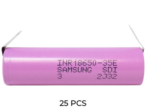 Close-up of Samsung 35E Li-Ion batteries with spot welded tabs