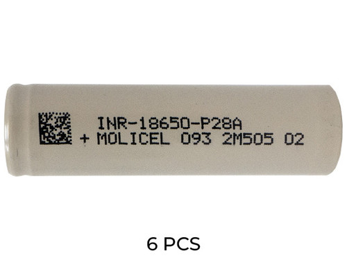 6-pack of Molicel P28A 18650 lithium ion batteries front view