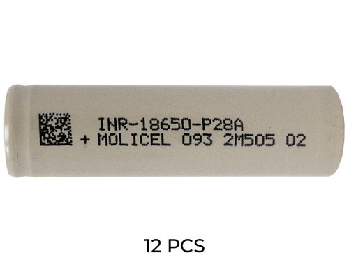 12-pack Molicel P28A 18650 lithium ion batteries arranged in rows