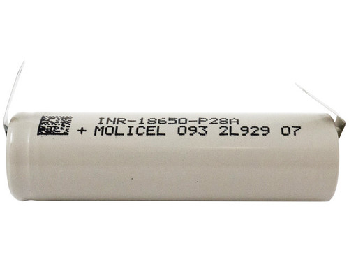 Molicel P28A 18650 battery with welded tabs front view