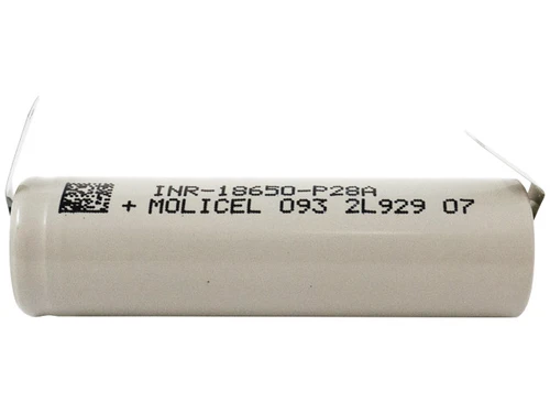 Molicel P28A 18650 battery with spot-welded tabs front view