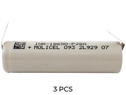 Three Molicel P28A 18650 lithium ion batteries with spot welded tabs