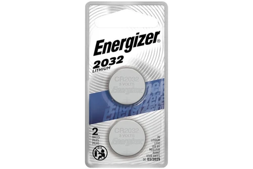 Energizer CR2032 3V lithium coin cell batteries two pack front view
