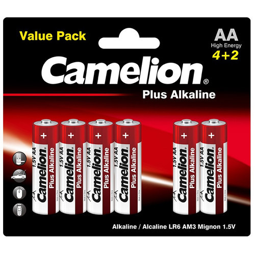 Front view of Camelion AA alkaline battery pack, six pieces