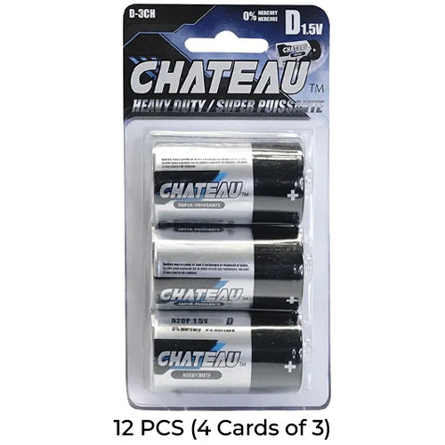 12-pack Chateau heavy duty D batteries, 4 cards of 3