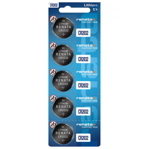 5-pack Renata CR2032 3 volt lithium coin cell batteries
