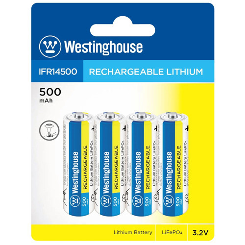 Westinghouse 3.2V IFR14500 500mAh LiFePO4 AA Batteries 4 Pack
