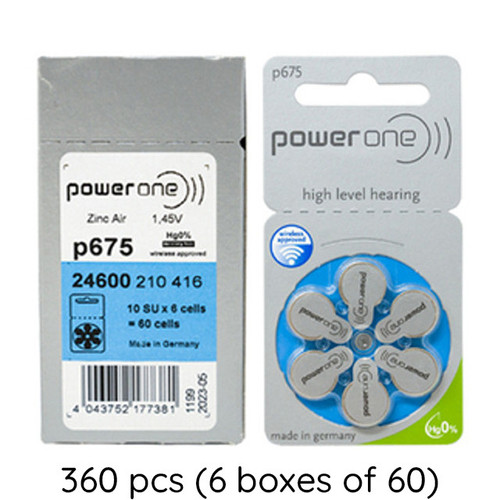 PowerOne P675 hearing aid batteries 360-pack in six boxes