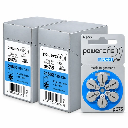 Two boxes of PowerOne p675 cochlear batteries side by side