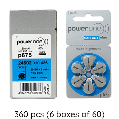 PowerOne IMPLANT Plus size 675 hearing aid batteries, 360-pack