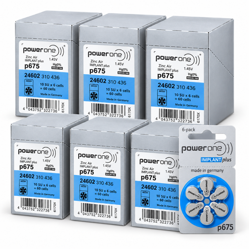 360-Pack Size p675 PowerOne IMPLANT Plus Cochlear Hearing Aid Batteries (6 Boxes of 60) Wholesale & direct to consumer