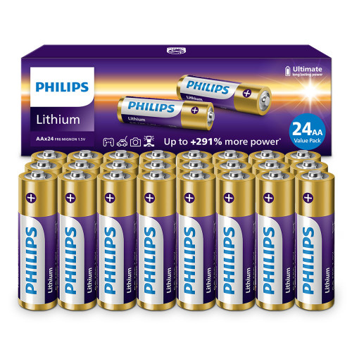 Front view of Philips 24-Pack AA 1.5V Lithium Batteries box