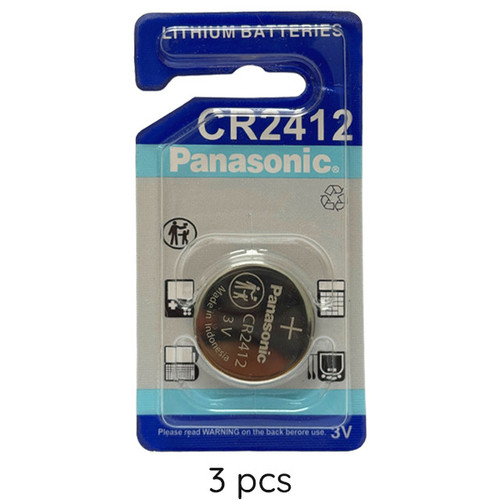 3-pack Panasonic CR2412 3V lithium coin cell batteries on card