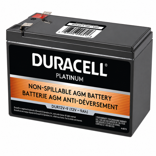 Side profile of Duracell DUR12V-9 AGM sealed lead acid battery