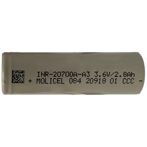 Close-up of Molicel 20700A 3.6V 3000mAh battery label