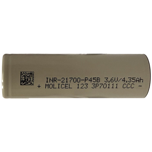 Close-up of Molicel INR21700P45B Li-ion rechargeable battery