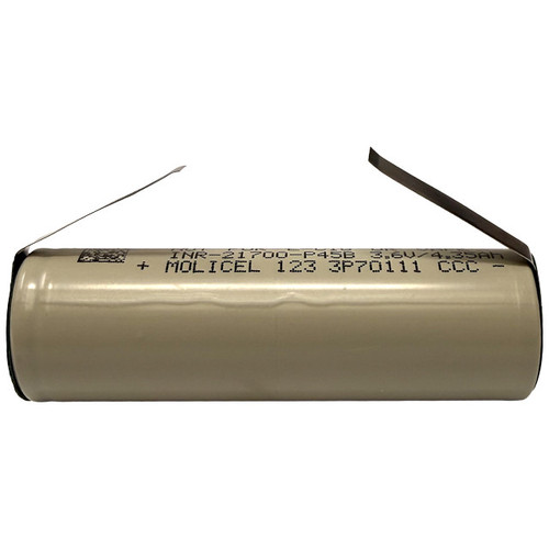 Close-up of Molicel INR21700P45B battery tabs for easy pack assembly