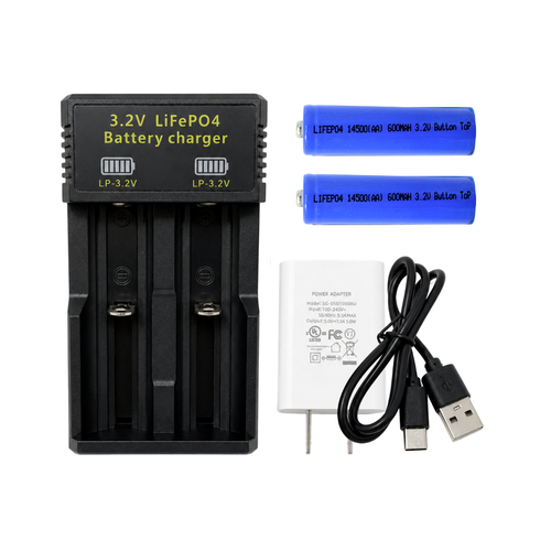 Two 3.2V 14500 LiFePO4 rechargeable batteries and USB charger