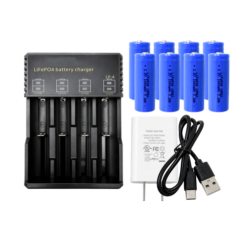 Eight 3.2V 18500 button top LiFePO4 batteries