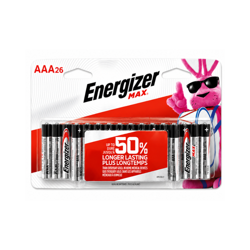 Energizer Max AAA batteries arranged in a 26-pack set