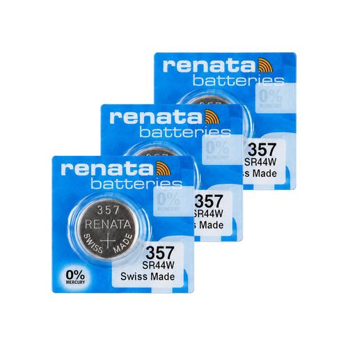 Three-pack Renata 357 SR44W button batteries by Rayovac in retail packaging