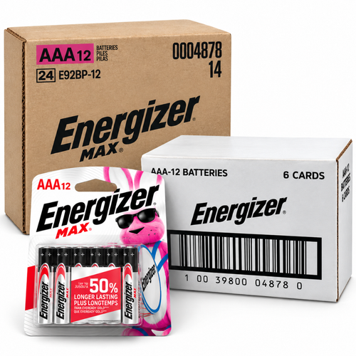 Twelve-pack cards of AAA Energizer MAX alkaline batteries