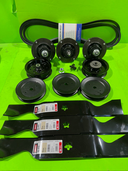 Heavy Duty MZ54 970455801 Complete Deck Rebuild Kit - Spindles, Pulleys, Blades, Belt