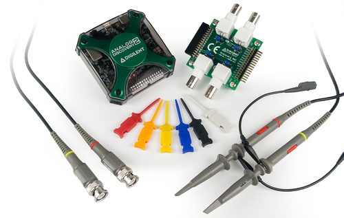 Product image of the Analog Discovery 2 Pro Bundle with the included BNC Adapter for Analog Discovery, BNC Oscilloscope probes, Mini Grabber Test Clips with leads, and the Analog Discovery 2.