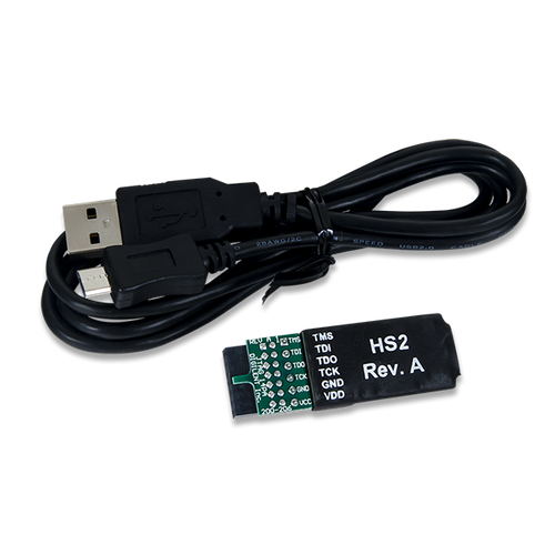 Product image of the JTAG-HS2 with the included Programming Cable.
