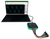 Product image of the Analog Discovery 3 plugged into a laptop running Digilent's free software, WaveForms.